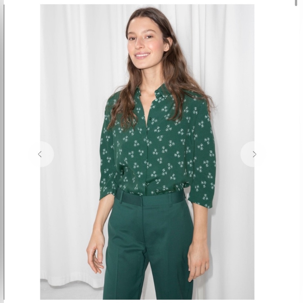 & Other Stories Green Button Down Shirt with Butterfly Print